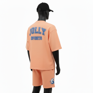 Men Premium Cotton Jersey <b>Shirt</b> and Short Set 220 GSM <b>Peach</b> Sportswear Screen Print Custom Logo Men's Jogging Short Set - Product Image 5