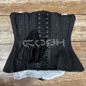 Corset en brocart noir de qualité supérieure avec baleines en acier, largeur des hanches élargie, ajustable et à lacets au dos - Product Image 6