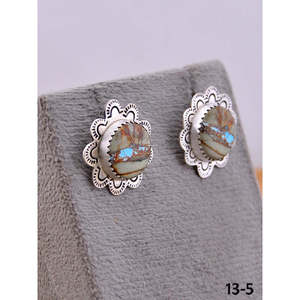 Southwest Handmade Royston Turquoise & Sterling Silver Ribbon <b>Post</b> <b>Earrings</b> Bezel Setting Flower Shape Studs - Product Image 2