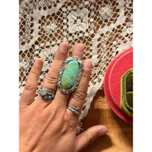 Emerson Degarito Kingman Turquoise & Platinum <b>Ring</b> with Emerald Cut Handmade <b>Boho</b> Style Size 6.25 for Everyday Wear - Product Image 2