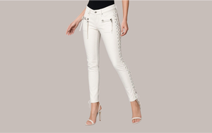 White High Waist Lace Up Ankle-Length <b>Pants</b> With Contrast Stitch <b>Spandex</b> Nylon Four-Way Stretch Straight Leg Style - Product Image 3
