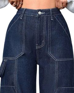 Pantalones Vaqueros Cargo de Pierna Ancha Color Índigo Oscuro para Mujer, Cintura Alta, Bolsillos Utilitarios, Costuras en Contraste, Ropa Urbana, Suministro del Fabricante, OEM - Product Image 4