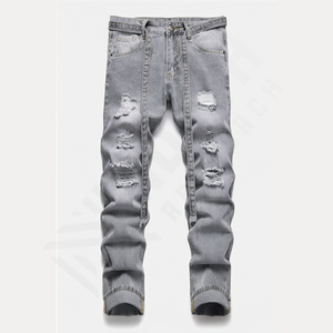 Jeans en denim déchiré uni respirant pour homme, logo personnalisé, lavage vintage, jambe droite, léger, automne printemps - Product Image 1