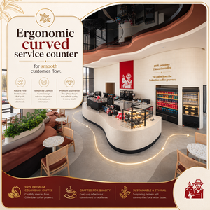 Set di Arredamento per Negozio di Caffè con Sedia in Rattan, Bancone ad Arco, Soffitto Ondulato e Parete Scanalata per Caffetteria Specializzata - Product Image 5