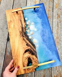 Luxury Artisan White Epoxy Resin Wood Serving Tray Gold Feather Handles Decorative <b>Kitchen</b> Charcuterie Board Platters Hotel - Product Image 6