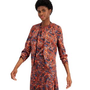 Blazer blu da donna Bar III, taglia piccola, con stampa Ikat, maniche arricciate, lunghezza a tre quarti, tessuto con decorazioni ricamate. - Product Image 3