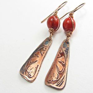 1995 Japón en relieve dos tonos hoja ámbar pendientes turco Navidad nigeriano azul largo cobre envejecido pendientes - Product Image 1