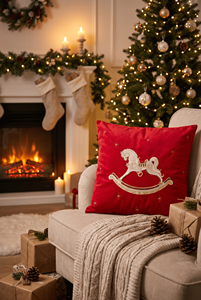 <b>Red</b> Velvet Embroidered Rocking Horse Candy Customizable Square European American Style <b>Throw</b> Pillow Washable Removable Cover - Product Image 1
