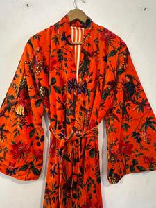 Robe kimono en velours à manches cloche orange, imprimé floral et oiseaux, robe de chambre kimono en velours, spécial hiver, luxe - Product Image 5