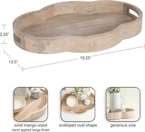 Plateau décoratif ovale arrondi en bois de qualité supérieure 20x14x3 cm, bois naturel clair, plateau de service festonné avec poignées, idéal pour servir des aliments - Product Image 4