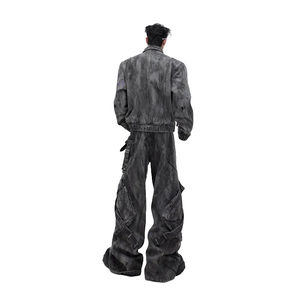 Ensemble 2 pièces homme gris molletonné 100% coton tissé, coupe ample, poches cargo, séchage rapide, 400g, effet vintage, haute qualité, hiver - Product Image 2