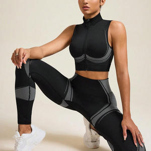 Tenue d'entraînement 2 pièces pour femmes OEM Chemise respirante à fermeture éclair Leggings élastiques à taille haute en dentelle Logo personnalisé pour l'entraînement - Product Image 4