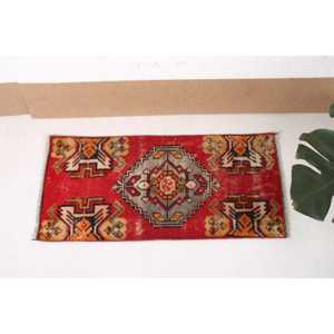 Turkish Rug, 1.4x3 ft Small Rug, <b>Red</b> Orange <b>Wool</b> Rug - Product Image 3