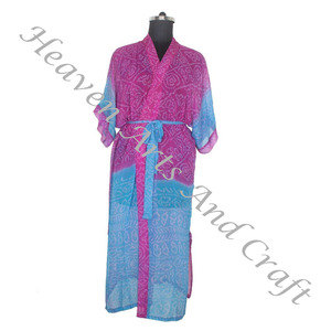 KL006 Bohemian Silk Vintage Sari Kimono Long Boho Gypsy Recycled Sari Silk Vintage Sari Kimono Long Robes Gown Women Sleepwear - Product Image 4