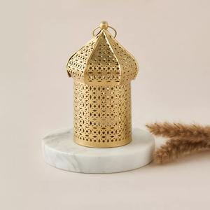 Stylish Gold <b>Metal</b> <b>Lantern</b> with Intricate Geometric Cut Design Compact Size Sturdy Handle Warm Candle Glow for Home Decor - Product Image 1