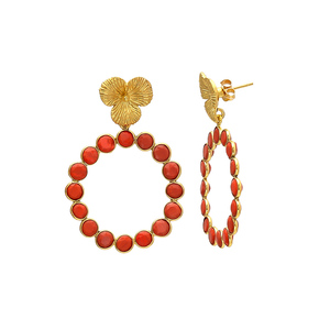Pendientes de aro redondos con estilo dorado Pendientes de diseño de flores con hermosos pendientes de piedras preciosas Rojas - Product Image 2