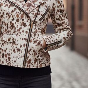 Veste en cuir de vache véritable sur mesure pour homme, style motard, marron, blanc, imprimé vache, vêtements d'hiver - Product Image 5