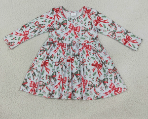 Robe de noël imprimée à manches longues pour filles, robe trapèze en coton avec motif de nœud papillon, longueur aux genoux, vêtements d'hiver pour enfants - Product Image 6