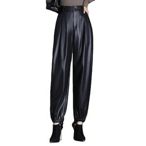 Nouvelle mode version coréenne pantalon en toile de radis mince taille moyenne pour femmes pantalon décontracté en cuir Pu taille haute à taille élastique - Product Image 1