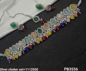 <b>Silver</b> Plated Beautiful Stunning CubicZircon <b>Crystal</b> Dangle Drop Choker Wedding <b>Necklace</b> Jewelry With Earring Mangtika for Women - Product Image 2