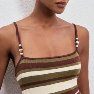 Abito lungo estivo da donna all'ingrosso, casual, con spalline sottili, scollo quadrato, a blocchi di colore, a righe, <span class=keywords><strong>in</strong></span> <span class=keywords><strong>maglia</strong></span> a costine, a vita alta, <span class=keywords><strong>marrone</strong></span> - Product Image 6