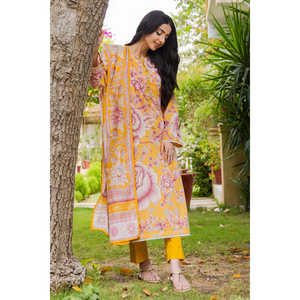 Traje de 3 Piezas sin Coser para Mujer, Color Amarillo, Estampado Digital, Material de Muselina - Product Image 2