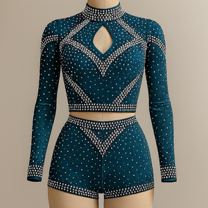 Uniformes de Animadoras Personalizados OEM Ace Sports, Conjuntos de Top y Pantalones de Licra/Poliéster para Mujer, con Pedrería, Tus Diseños - Product Image 3