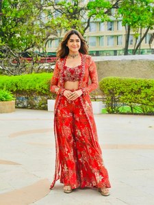 Stylish tibby silk sharara set with embroidered padded blouse printed <b>shrug</b> and stitched sharara for women sizes s to xxl - Product Image 5