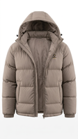 Blouson matelassé non tissé à capuche pour homme, couleur unie, fermeture éclair, chaud, en nylon fini, vêtement d'extérieur décontracté avec logo frontal