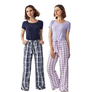 Yüksek kalite toptan yumuşak iki adet şort baskı desen yuvarlak boyun pijama seti kadınlar için gecelik Loungewear