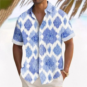 Camiseta de poliéster/algodón con estampado floral 3D azul unisex, camisa transpirable ligera de manga corta informal de secado rápido con botones en la parte delantera - Product Image 3