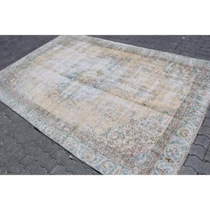 Alfombra Turca Vintage de 6.3x9.4 pies, Alfombra de Lana Azul con Diseño de Patchwork - Product Image 2