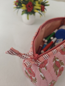 For <b>Pink</b> Eco-Friendly & Durable Hand Block Printed Quilted Makeup Pouch Wash Zipper Stationery Pencil Bag Set Cosmetic Bags & Ca - Product Image 5