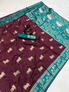 Sari de Seda Suave Premium con Tejido Doble Zari, Ropa Étnica Tradicional India, Borde de Satén en Contraste, Sari Paithani con Blusa de Brocado - Product Image 4