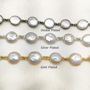 Perle naturelle pierre précieuse lunette connecteur chaîne forme ronde juin pierre de naissance plaqué or lunette chaîne pour faire des résultats de bijoux - Product Image 2