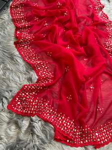 Sari en Georgette de couleur blanche avec de magnifiques broderies et de véritables applications de miroirs, style Bollywood, tenue de soirée, modèle FABZONE FZJ Sabyasaachi - Product Image 4