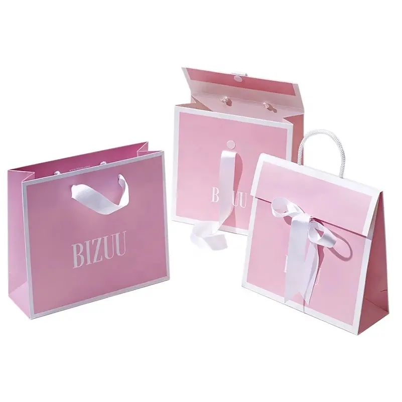 Sacos de papel do logotipo da marca elegante rosa, impresso, logotipo personalizado, branco, sacos de presente com fita, alça