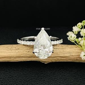 Anillo de diamante solitario de oro macizo de 14K CVD, anillo de diamante solitario cultivado en laboratorio de corte de pera de 4,00 quilates - Product Image 2