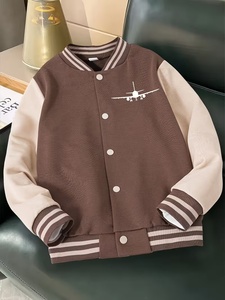 เสื้อแจ็คเก็ตวาร์ซิตี้สีน้ำตาล ปักลายเครื่องบิน ทรงปกติ ใส่ได้ทั้งชายและหญิง สไตล์ลำลอง สำหรับฤดูใบไม้ร่วง ผลิตจากผ้าถักโพลีเอสเตอร์ผสมฝ้าย แขนเสื้อมีแถบลาย - Product Image 1
