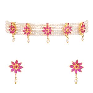 Chapado en oro joyería de moda indio CZ perla gargantilla Floral collar pendientes conjunto para regalo de boda - Product Image 5