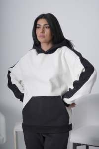 Women Plus Size Black <b>White</b> Color Blocking Hooded <b>Tracksuit</b> Full Sleeve Loose Fit Casual Sweatshirt With Side Pockets - Product Image 2