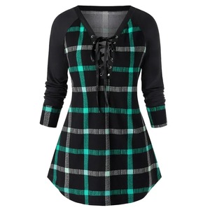 Camiseta larga holgada de gran descuento para mujer, camiseta informal a cuadros para mujer, ropa para mujer, camisetas - Product Image 5