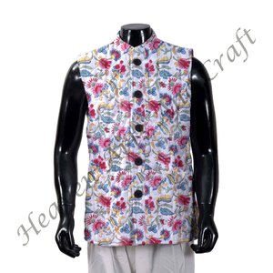 Veste d'hiver matelassée Boho en coton indien fait à la main pour hommes sans manches deux poches avant bloc imprimé - Product Image 1