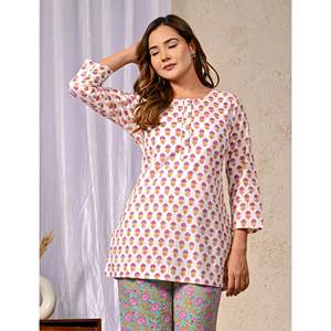 ชุดเซ็ตผ้าฝ้ายสีชมพูประดับกระดุม ไซส์ XS/XS สำหรับใส่ทุกวัน เสื้อแขนสามส่วน ชุดสองชิ้น ลายพิมพ์บุตติ - Product Image 3