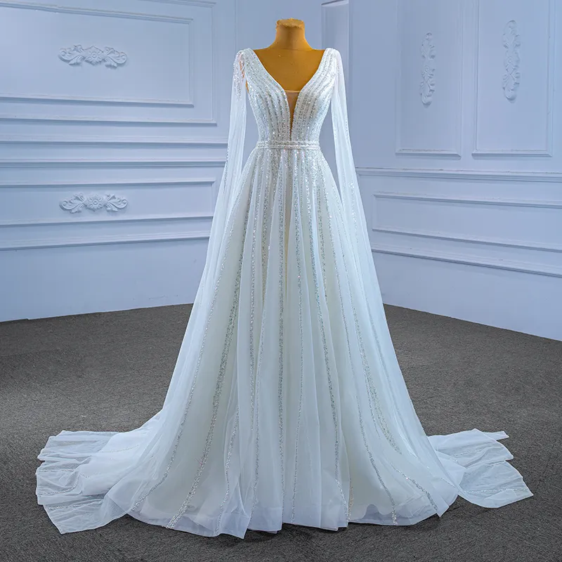 Rsm222151 2022 Elegant V Neck Backless Long Sleeve High Waist Wedding Dress For Women Bridal Gown