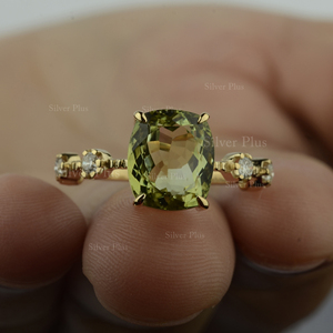 Anillo de Oro Macizo de 18K con Turmalina Verde Cojín y Diamantes, Elegante Regalo de Joyería para Mujer - Product Image 3
