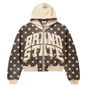 Streetwear personnalisé 500 Gsm poids lourd Vintage lavage à l'acide soleil fané en détresse Patch Applique broderie fermeture éclair strass à capuche - Product Image 4