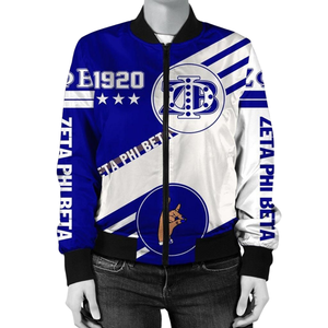 Chaqueta de Satén Zeta Phi Beta 1920, Ropa Griega para Mujer, Azul Blanco, Bordado con el Escudo ZPB, Estilo Universitario Premium - Product Image 1