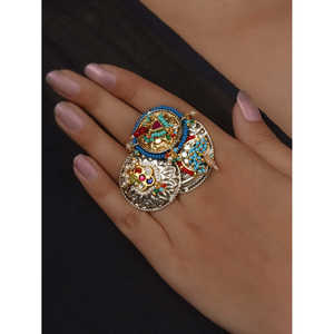 Anillo Tribal Ajustable Multicolor con Incrustaciones de Oro Rosa de 18K y Rodio, Juego Jadau de la India EK-SFRNG202B - Product Image 1