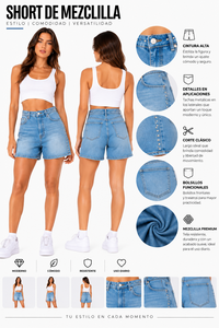 Shorts in denim a vita media con orlo sfrangiato, in cotone colorato effetto stonewashed, stile casual, per l'autunno - Product Image 1